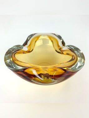 Alfredo Barbini Murano Glass Ashtray Bowl Clear Amber Honey MCM Vtg Sommerso